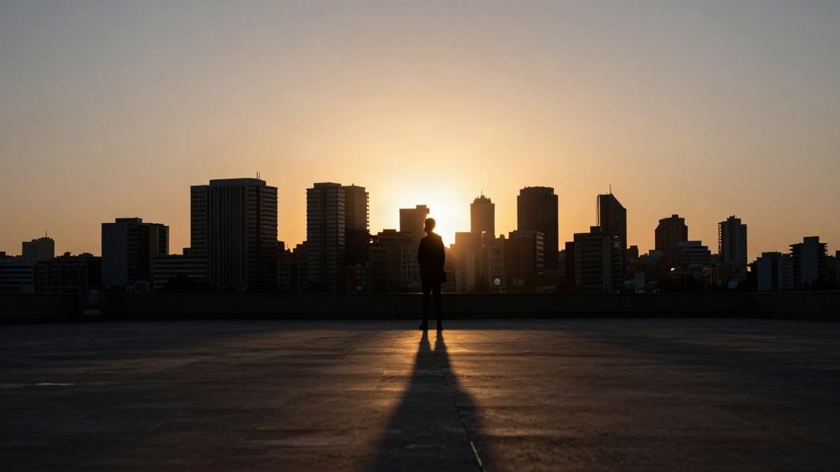 Illustrative image: silhouette of an urban skyline at sunset, representing corporate challenges and financial adjustments in the business context.