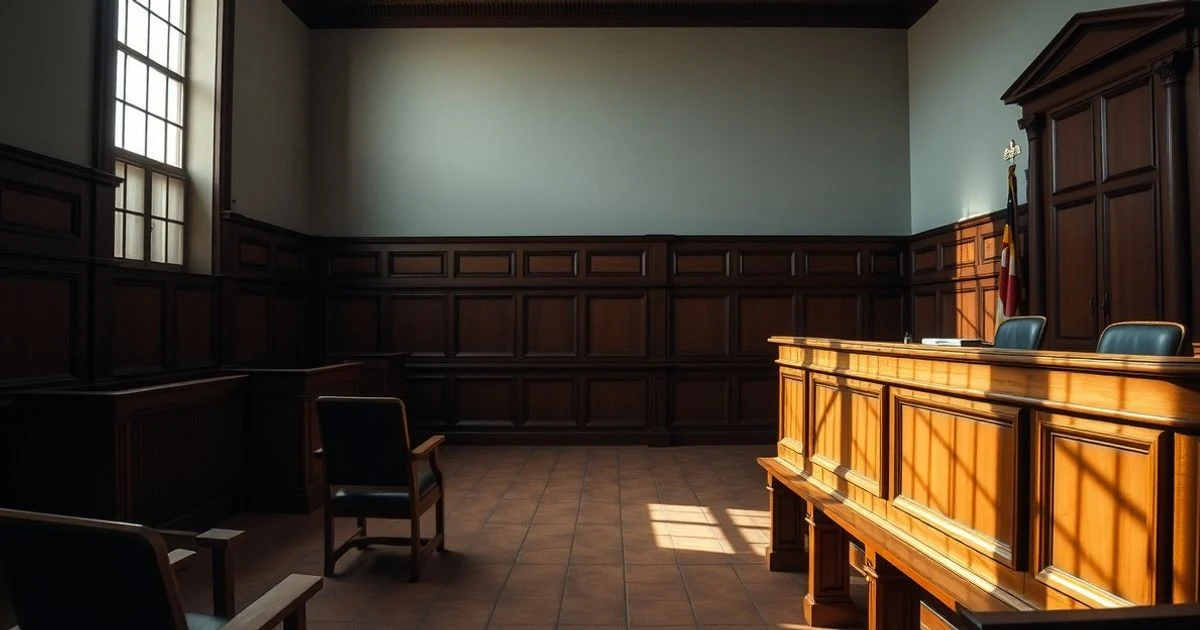 Sala de tribunal vacía con estrado y silla de testigo, luz natural dramática