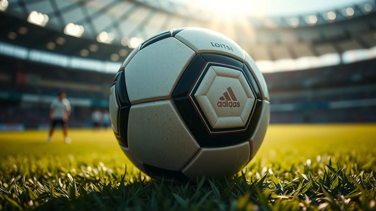 Primer plano de un balón de fútbol sobre el césped con un estadio desenfocado al fondo