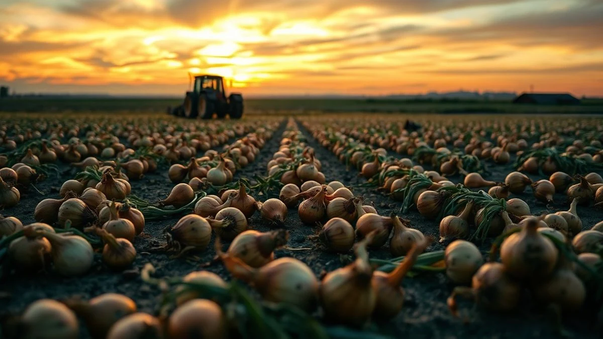 Campo de cebollas sin recolectar al atardecer, con bulbos en el suelo y un tractor al fondo.