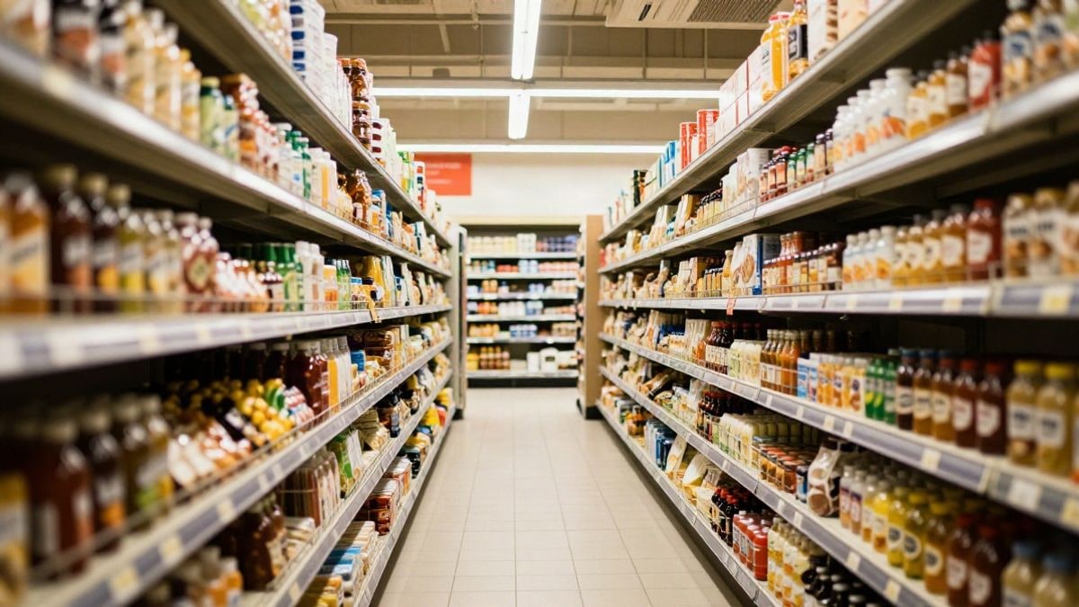 Illustrative image: supermarket aisle with food product shelves and lines converging towards the back