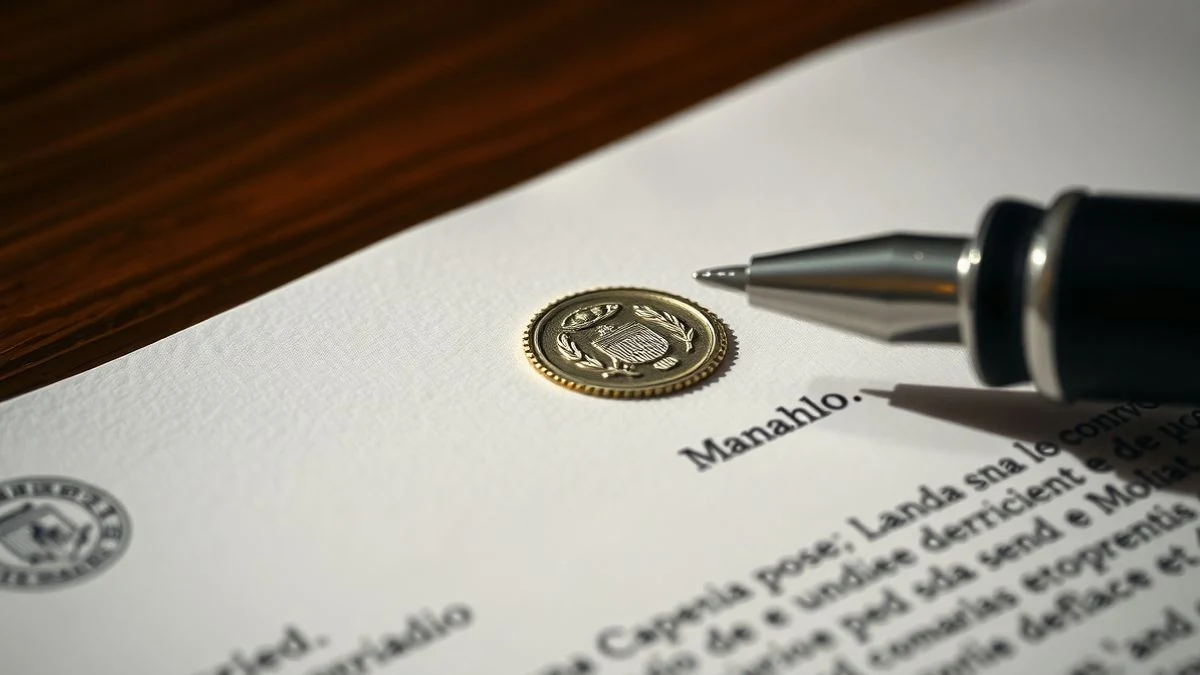 Primer plano de un documento con un sello y un bolígrafo