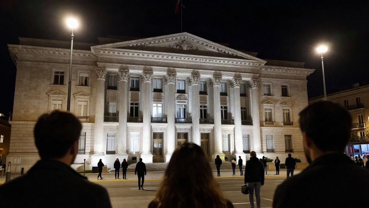 Illustrative image: a modern institutional building illuminated by night spotlights