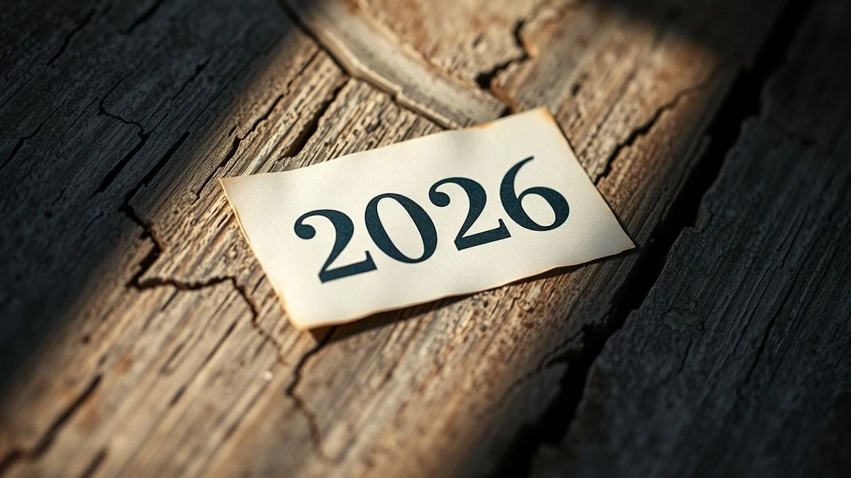 Imagen ilustrativa: detalle de una superficie de madera agrietada con una hoja de calendario desvaída y sombras largas