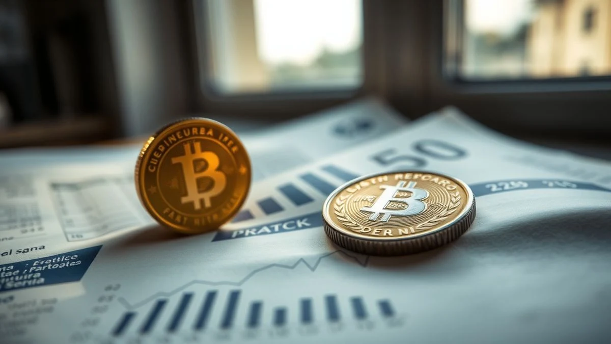 Primer plano de una moneda de Bitcoin sobre un periódico financiero con gráficos, iluminación natural dramática.