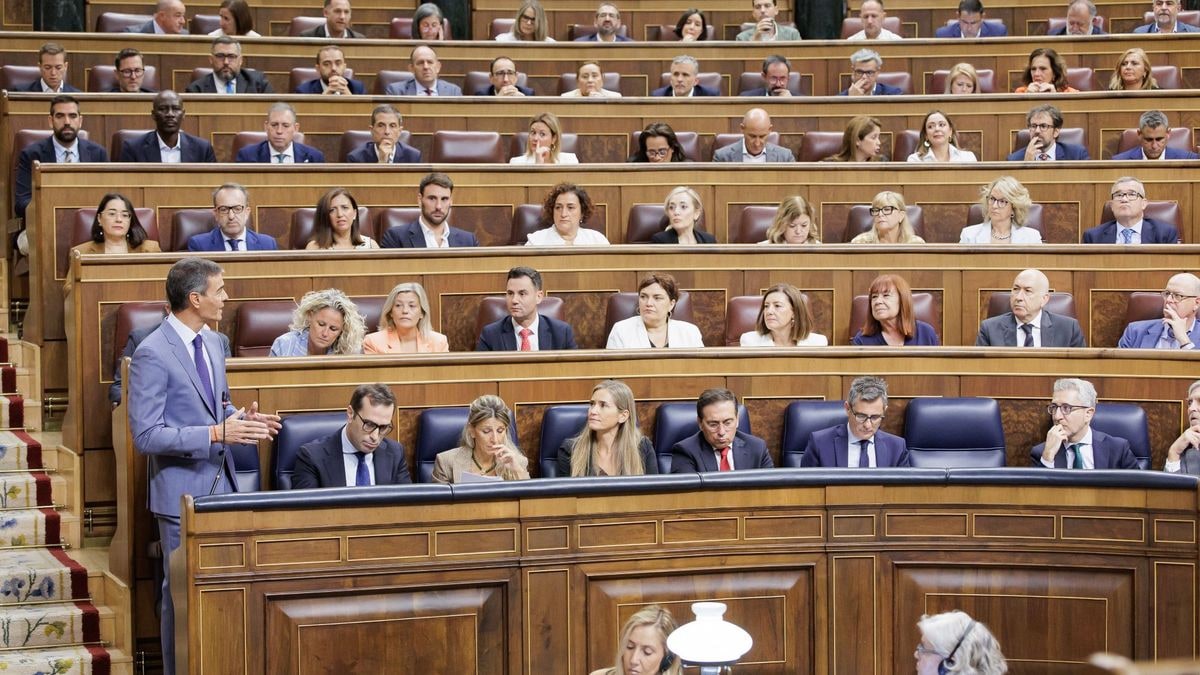 Illustrative image: empty seats and microphones in a generic hemicycle with side lighting