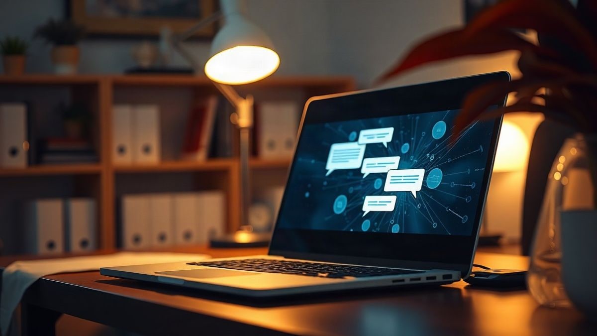 Illustrative image: a laptop on a table with artificial light and abstract digital graphics on the screen, in a blurred office environment.