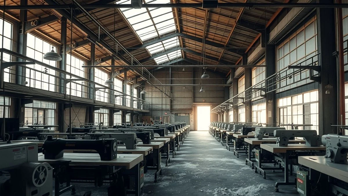 Interior de una fábrica textil vacía con máquinas de coser y telares iluminados por luz lateral