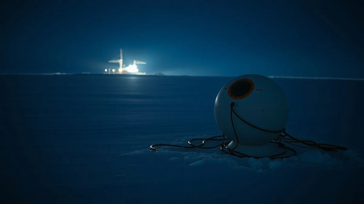 Imagen ilustrativa: un sensor esférico sobre el hielo antártico nocturno, con cables que se adentran en un agujero, bajo un cielo estrellado.