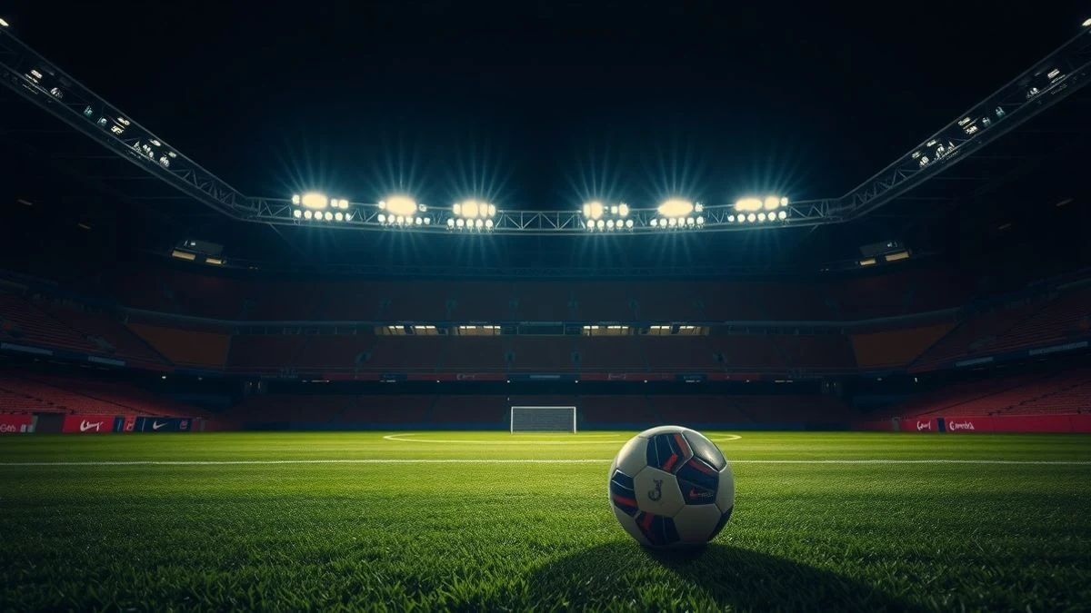 Estadio de fútbol vacío iluminado por focos nocturnos con un balón en el centro del campo