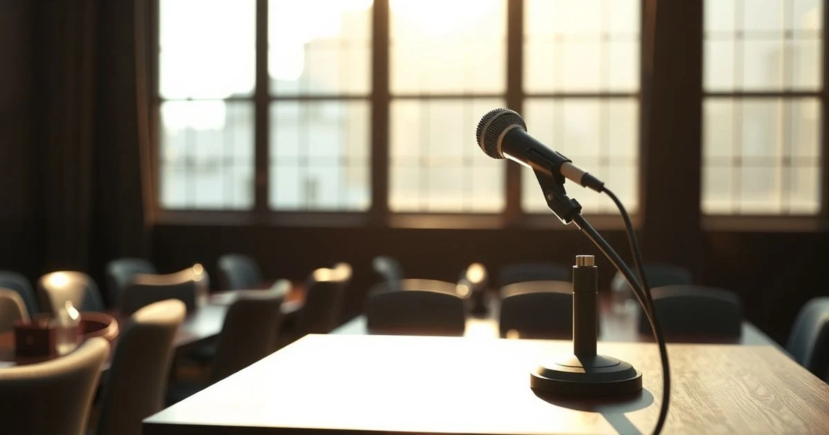 Podium vacío con micrófono en una sala de conferencias moderna con luz natural dramática