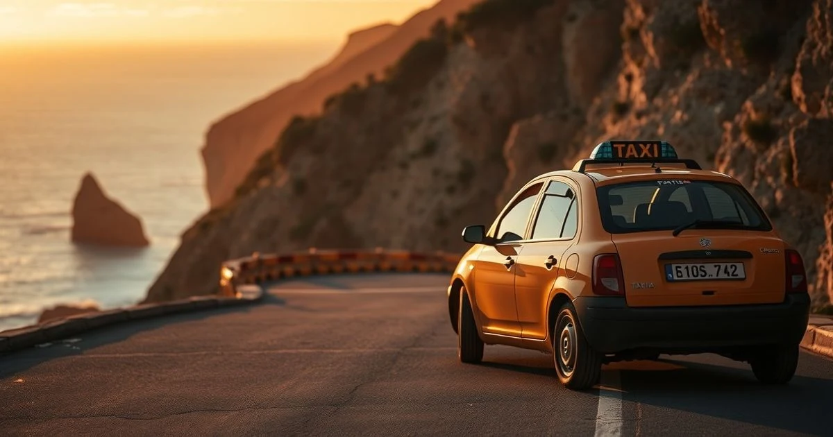 Taxi estacionado en una carretera costera de La Gomera con acantilados y océano al fondo