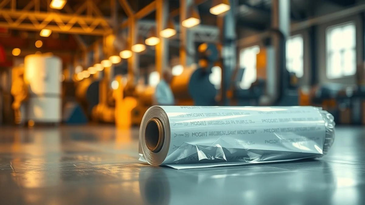 Imagen ilustrativa: un rollo de papel de aluminio sobre el suelo de una fábrica, con maquinaria industrial al fondo desenfocada.