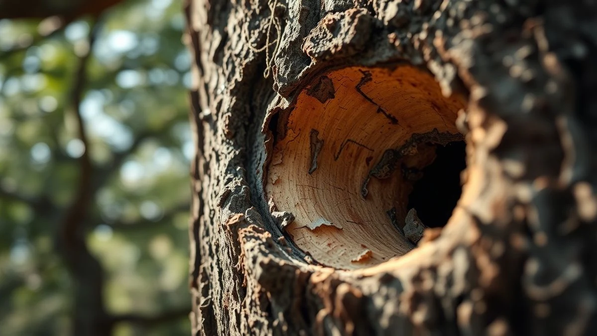 Primer plano de la corteza de alcornoque siendo descorchada, con textura rugosa y capa interior brillante, luz natural de bosque.