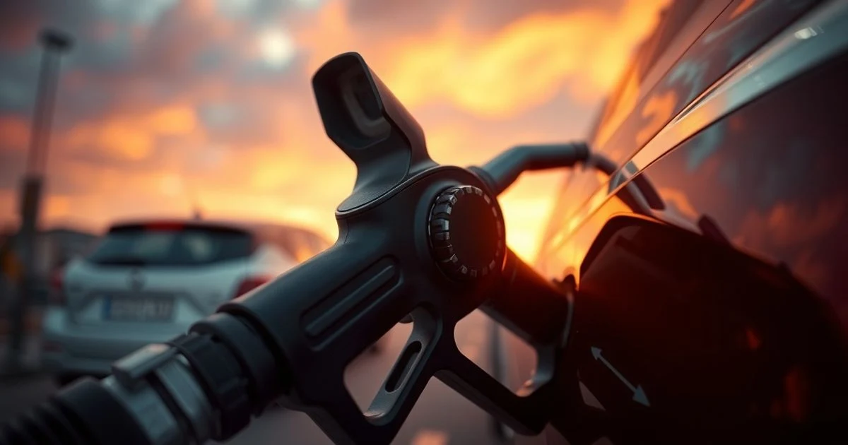 Boquilla de combustible insertada en el depósito de un coche, al atardecer, en una gasolinera sin personas.
