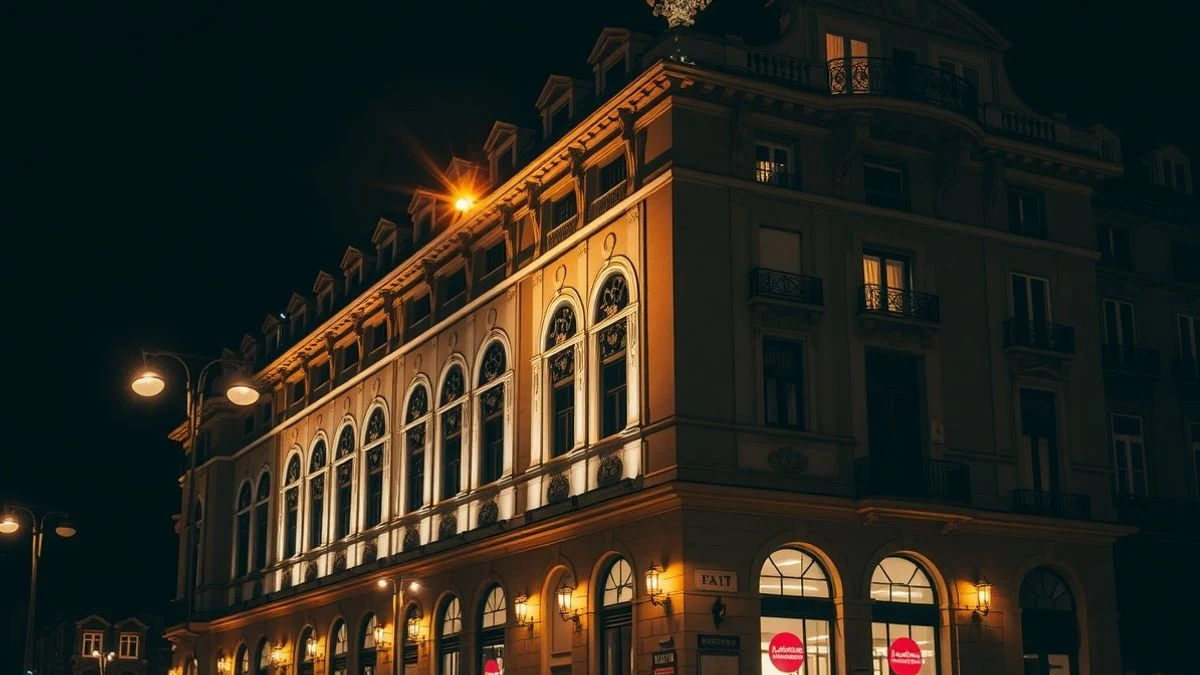Fachada del Banco de España iluminada por farolas durante la noche en Madrid