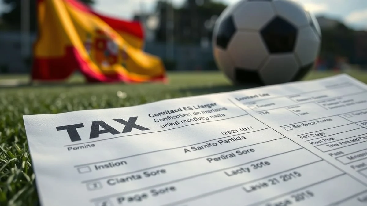 Primer plano de un formulario de impuestos con una bandera española y un balón de fútbol al fondo