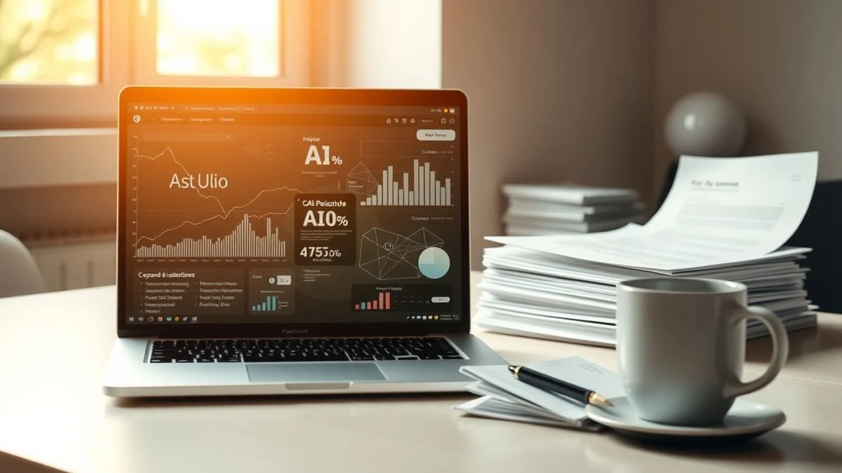Escritorio de oficina con portátil mostrando datos de IA y pilas de currículums