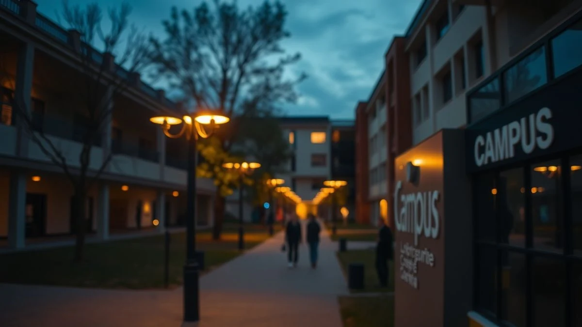 Campus universitario al atardecer con luz artificial de farolas y estudiantes de espaldas