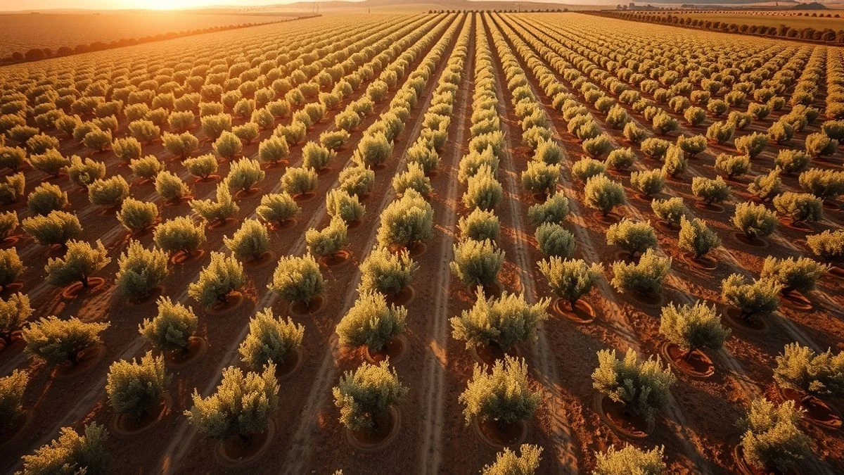 Imagen ilustrativa: vista aérea de un olivar con hileras de olivos iluminados por la luz del atardecer