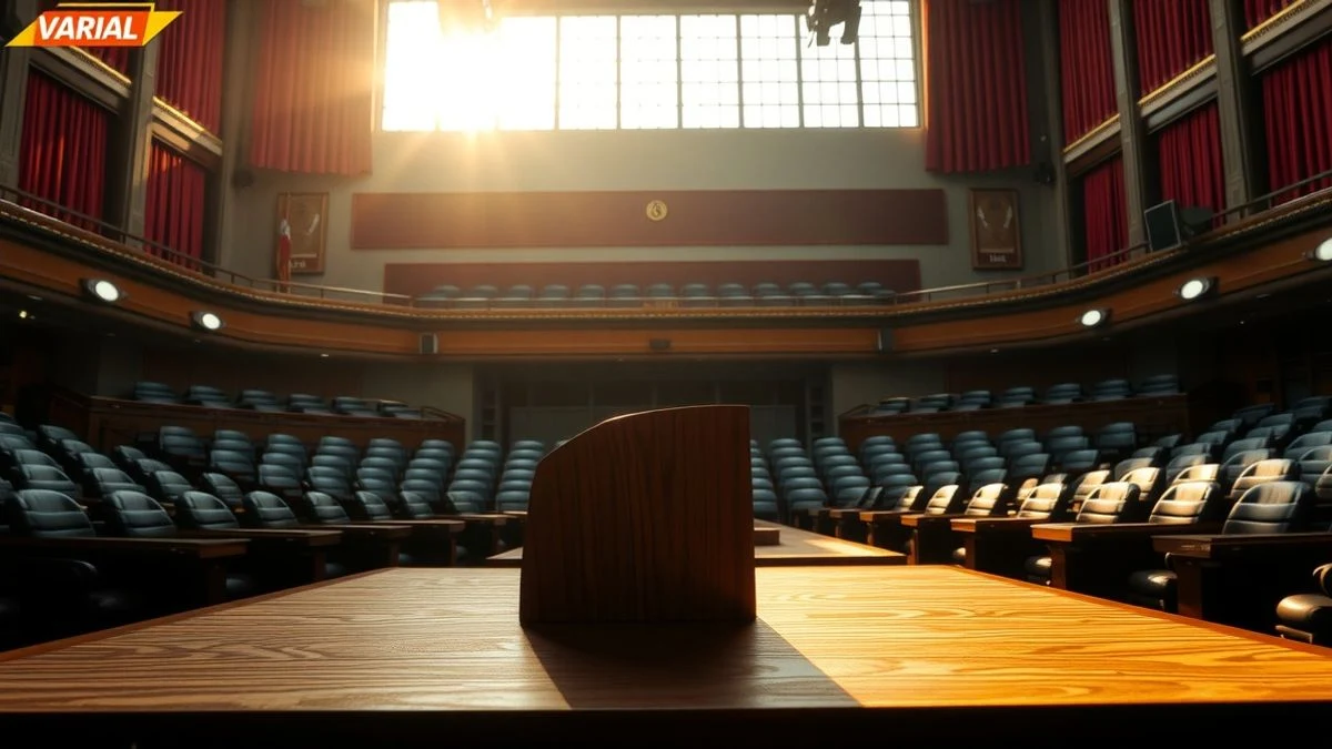Imagen ilustrativa: un atril de madera vacío en un escenario parlamentario con luz de atardecer y fondo de cortinas rojas desenfocadas.
