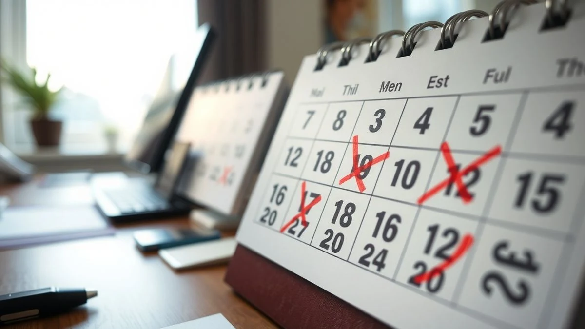 Imagen ilustrativa: un calendario de oficina con varias fechas marcadas con una cruz roja, fondo desenfocado de escritorio.