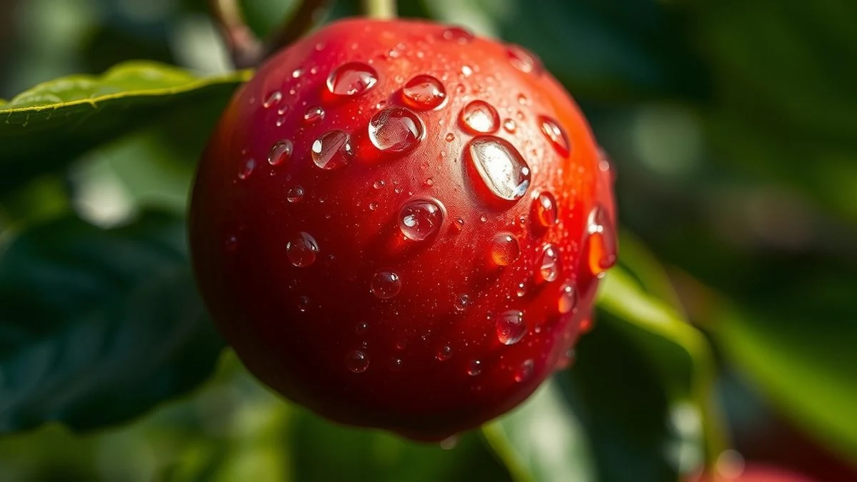 Primer plano de una fresa madura con gotas de agua, fondo desenfocado de hojas verdes
