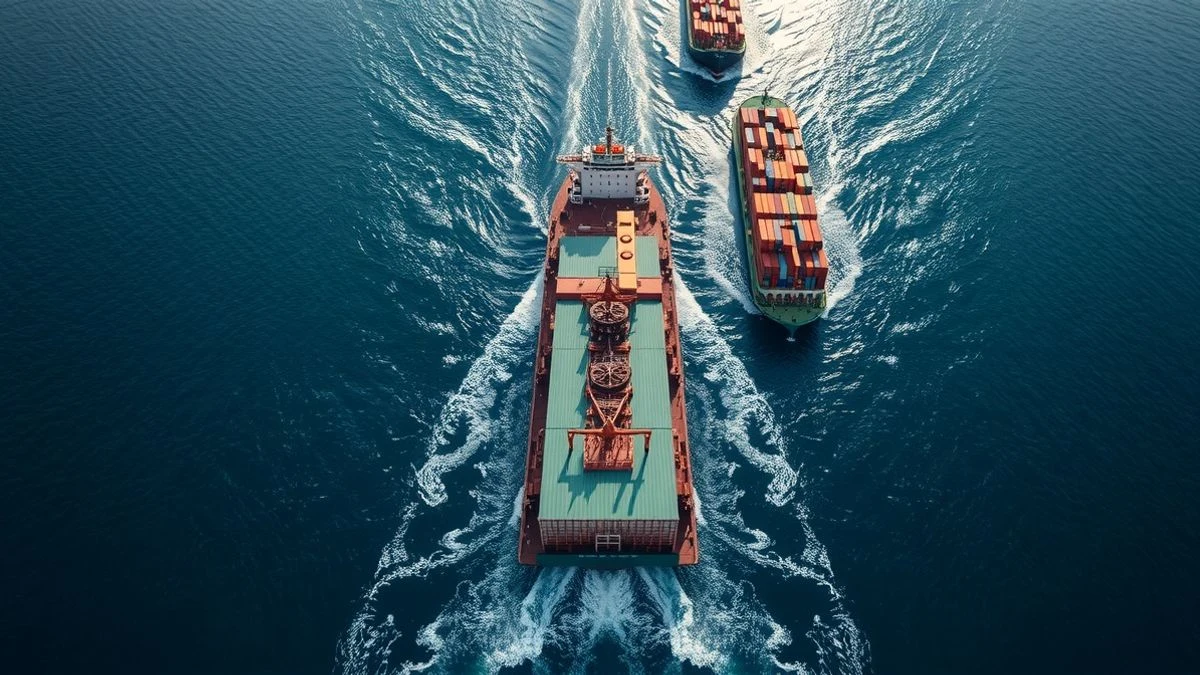 Vista cenital de un buque de carga navegando por un estrecho con petroleros y portacontenedores