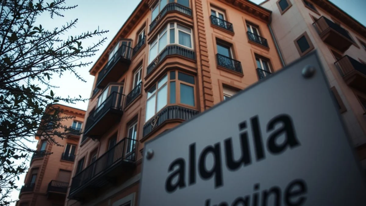 Imagen ilustrativa: fachada de un edificio residencial con un cartel genérico de 'Se alquila' desenfocado en primer plano, al atardecer.