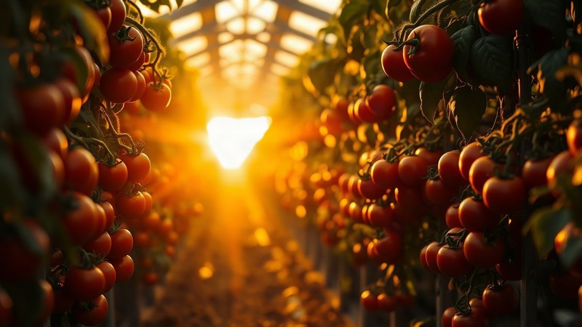 Illustrative image: greenhouse of tomatoes at sunset with warm light and long shadows