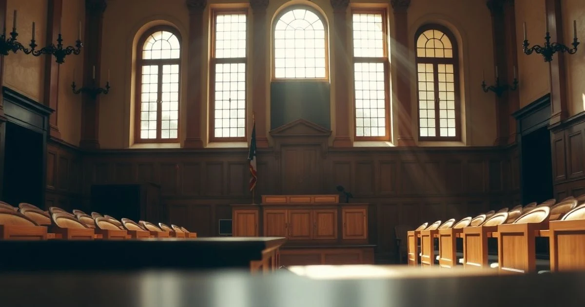Sala de tribunal vacía en un palacio de justicia francés con luz natural dramática