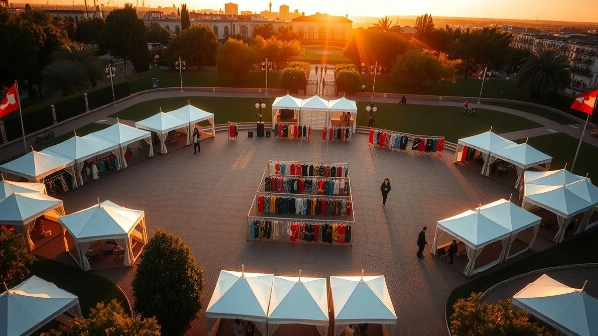 Imagen ilustrativa: vista aérea de un parque con carpas blancas y puestos de moda flamenca al atardecer