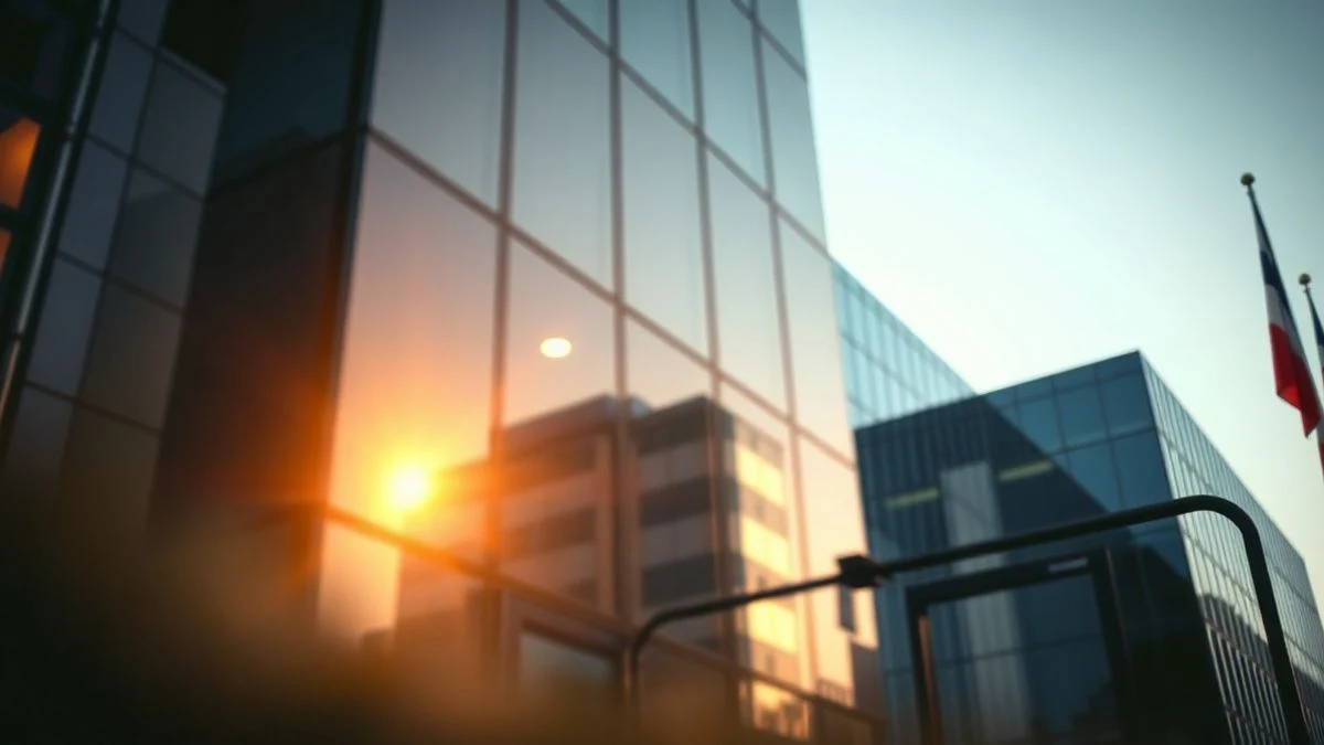 Imagen ilustrativa: fachada de un edificio de oficinas bancarias moderno con cristal y acero, iluminado por la luz del atardecer