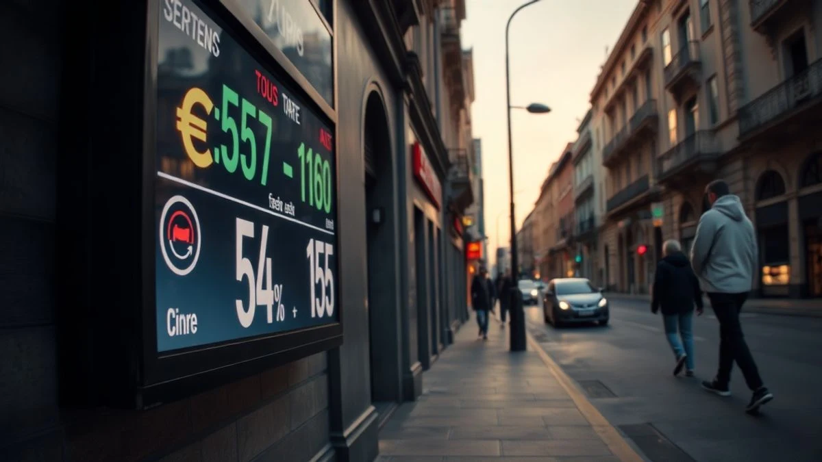 Panel de cambio de divisas con cotización EUR/USD en una calle vacía al atardecer