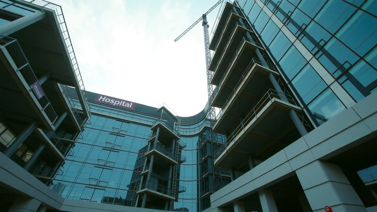 Imagen ilustrativa: vista en ángulo bajo de un edificio hospitalario en construcción, con cielo de fondo y grúas.