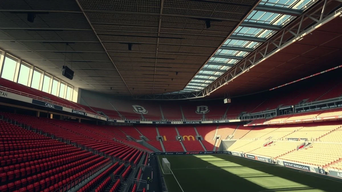Vista lateral del interior del estadio Metropolitano vacío, con el césped iluminado y las gradas desenfocadas al fondo.