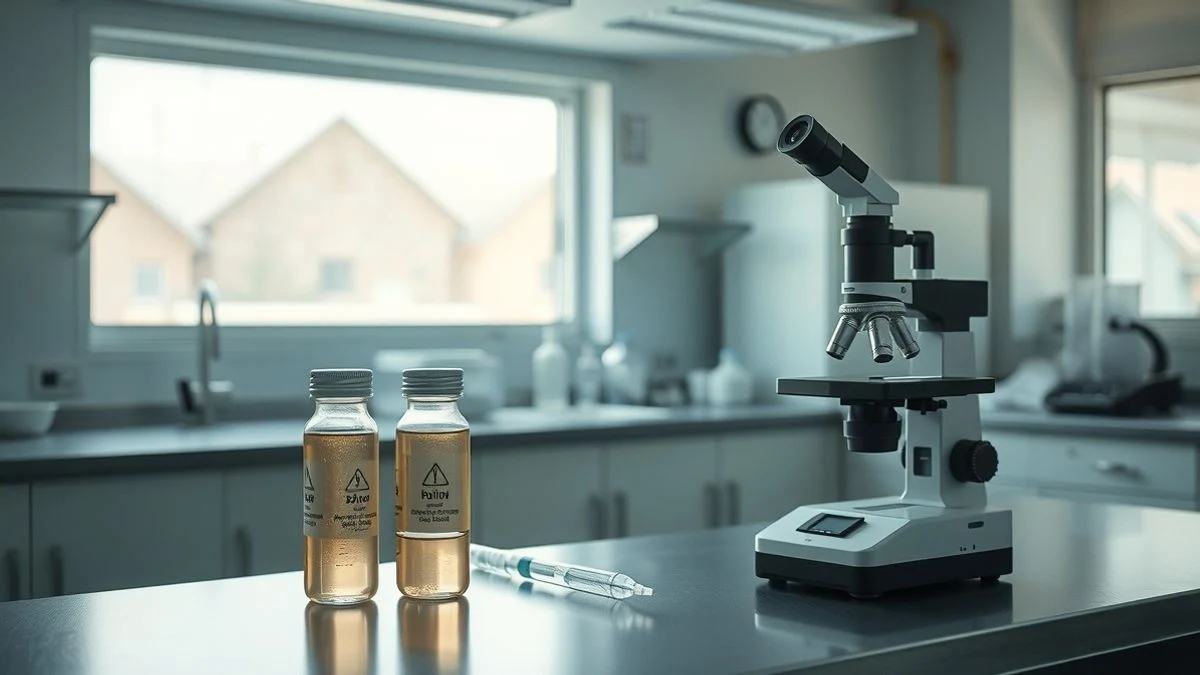 Imagen ilustrativa: Laboratorio farmacéutico con viales de suero albúmina y material de laboratorio bajo luz natural lateral.