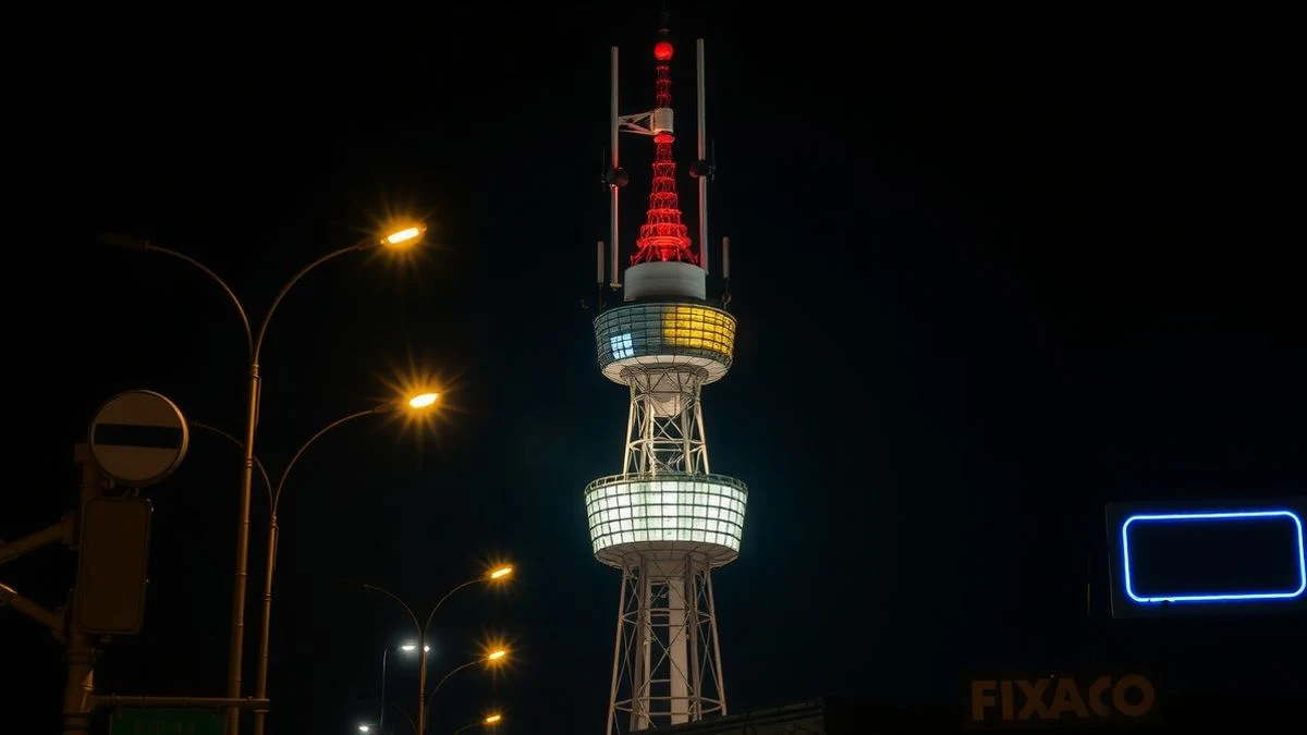 Imagen ilustrativa: torre de telecomunicaciones iluminada de noche en un entorno urbano de Brasil