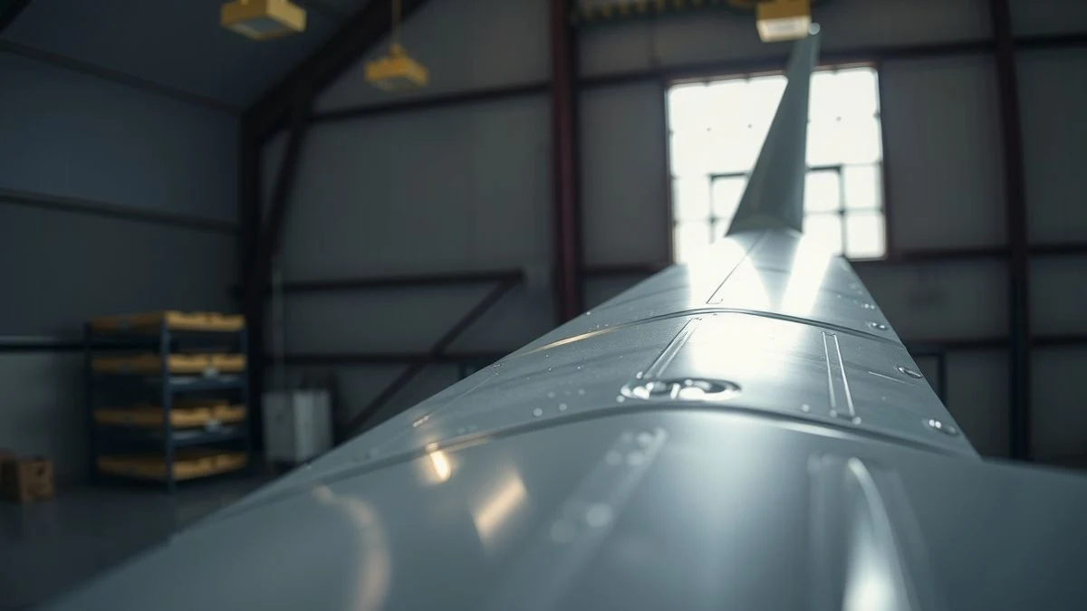 Primer plano de un componente de ala de avión en un hangar, con luz natural y texturas metálicas nítidas