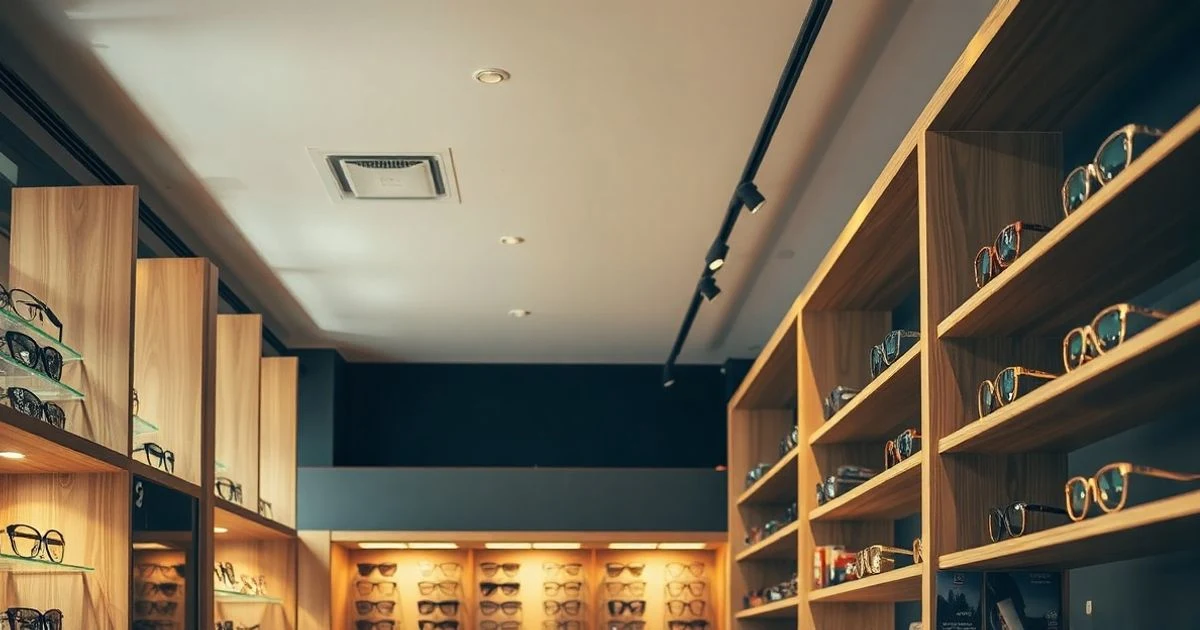 Interior de una óptica con estanterías de madera y gafas expuestas, iluminación cálida
