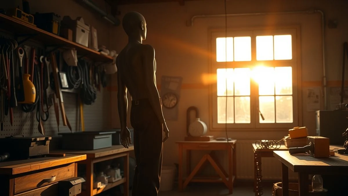 Imagen ilustrativa: taller de formación con herramientas y luz de atardecer entrando por una ventana, con siluetas y sombras largas.