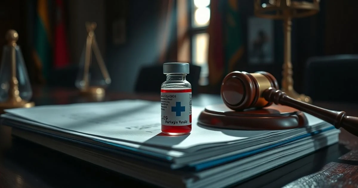 Vial de medicamento sobre documentos legales con un mazo de juez al lado, en una sala de juntas con luz tenue