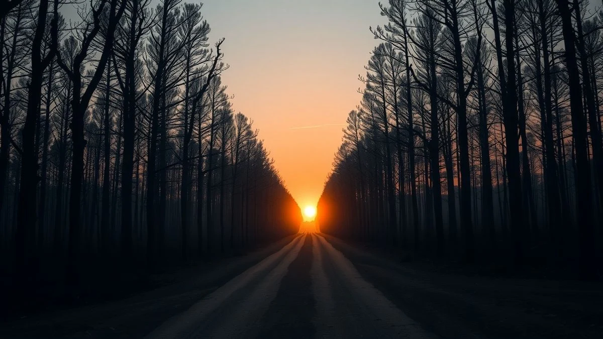 Imagen ilustrativa: sendero forestal con árboles quemados que convergen hacia un horizonte brumoso al atardecer.