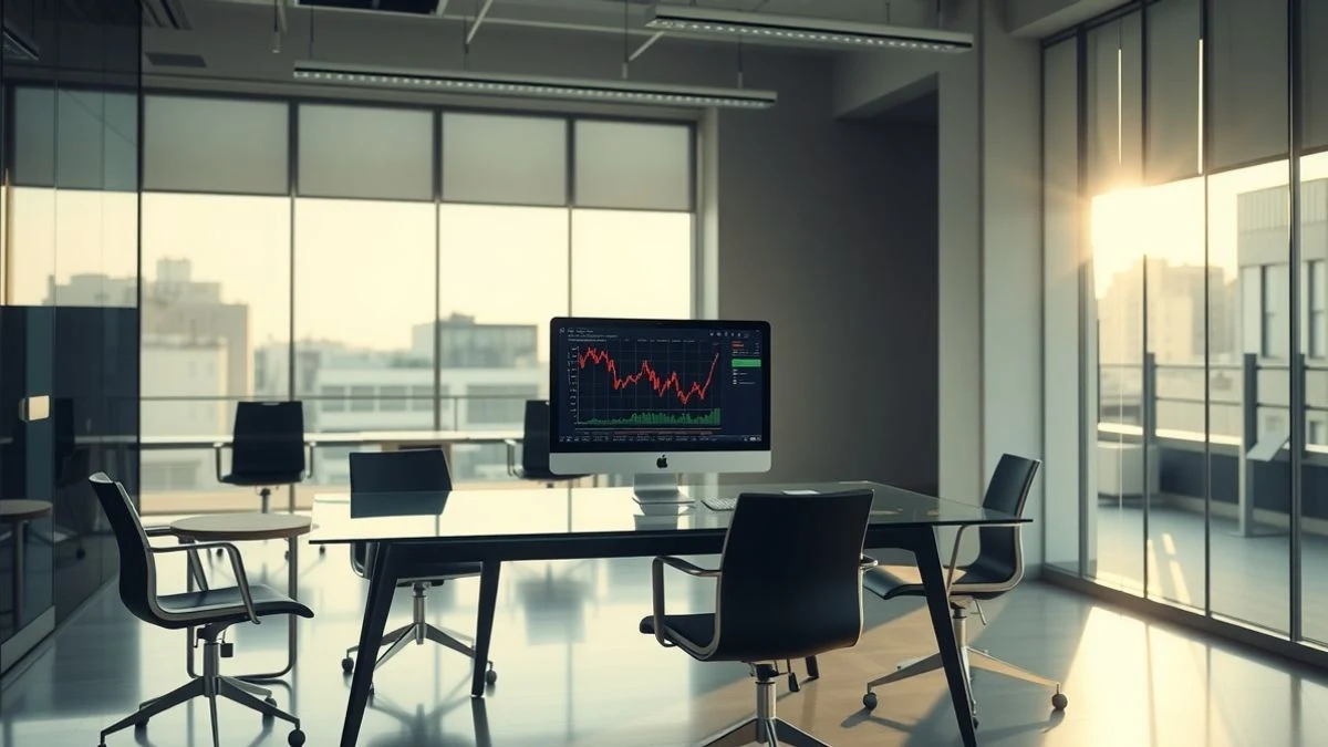 Imagen ilustrativa: interior de una oficina bancaria moderna con un escritorio de cristal y una pantalla de ordenador con gráficos financieros, sin personas