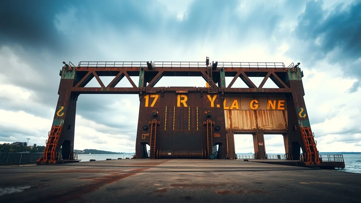 Imagen ilustrativa: dique seco de un astillero con puerta flotante oxidada al atardecer, sin personas ni elementos identificables