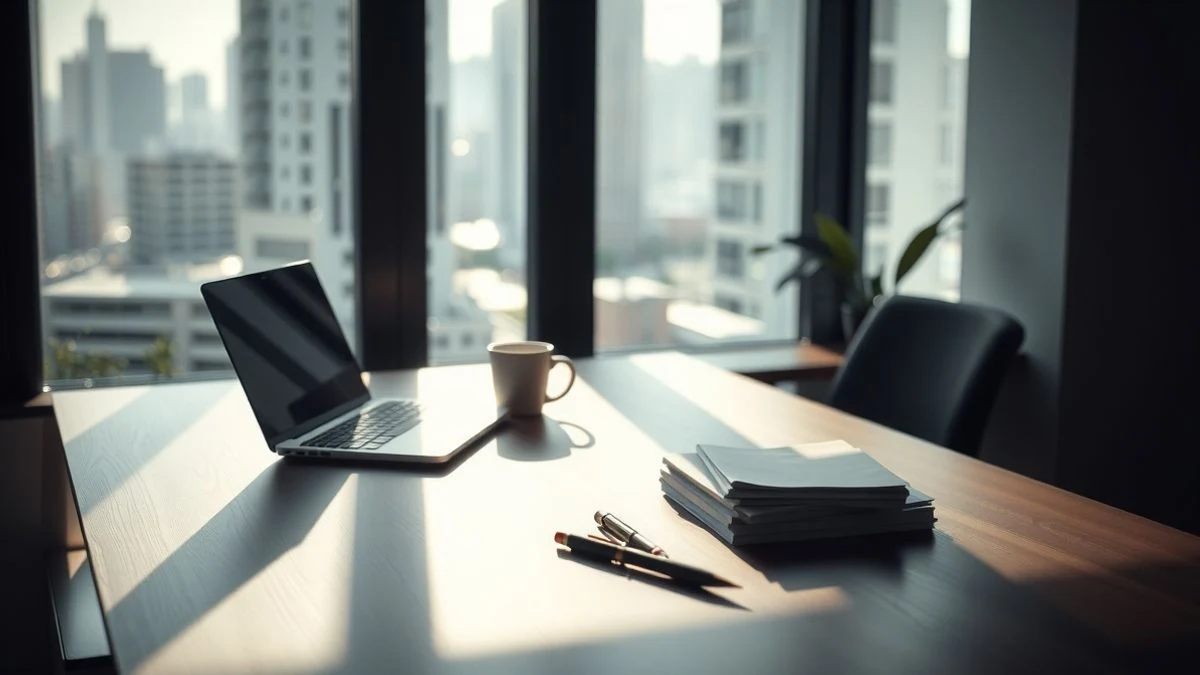 Escritorio de oficina vacío con ordenador portátil, taza de café y papeles, junto a una ventana con luz natural.