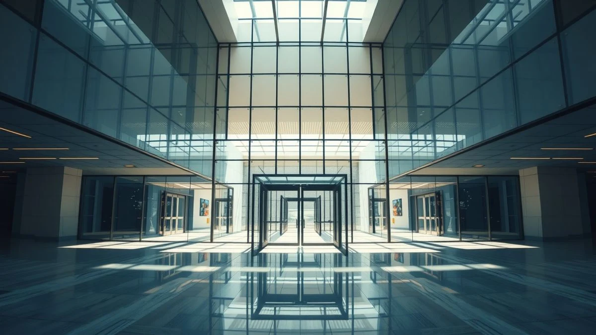 Entrada de un edificio de oficinas moderno con líneas arquitectónicas convergentes y luz natural dramática