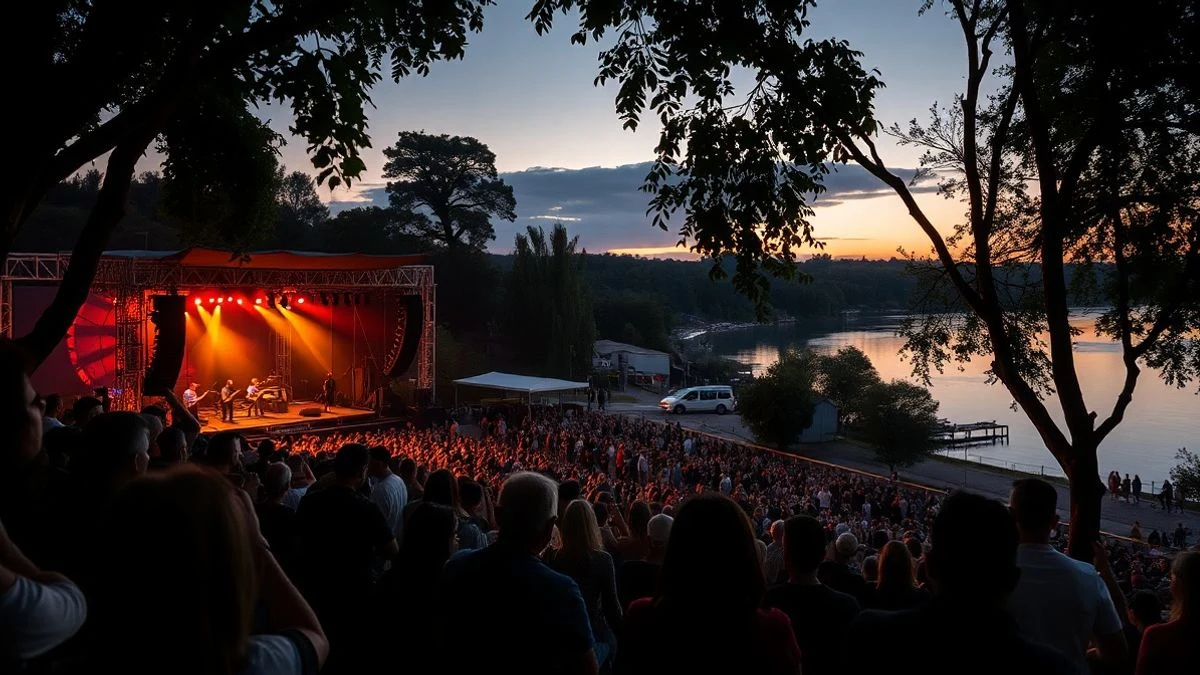 Imagen ilustrativa: escenario al aire libre junto a un río al atardecer, con siluetas de público y músicos de fondo.