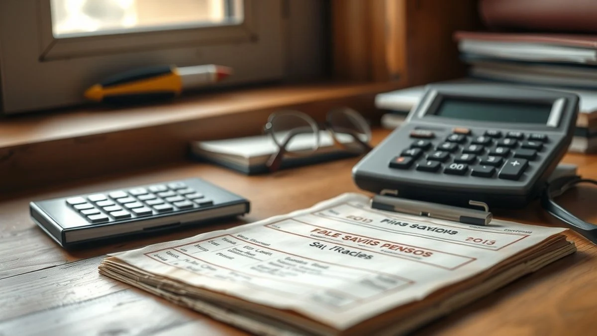 Cartilla de ahorro antigua y calculadora sobre una mesa de madera