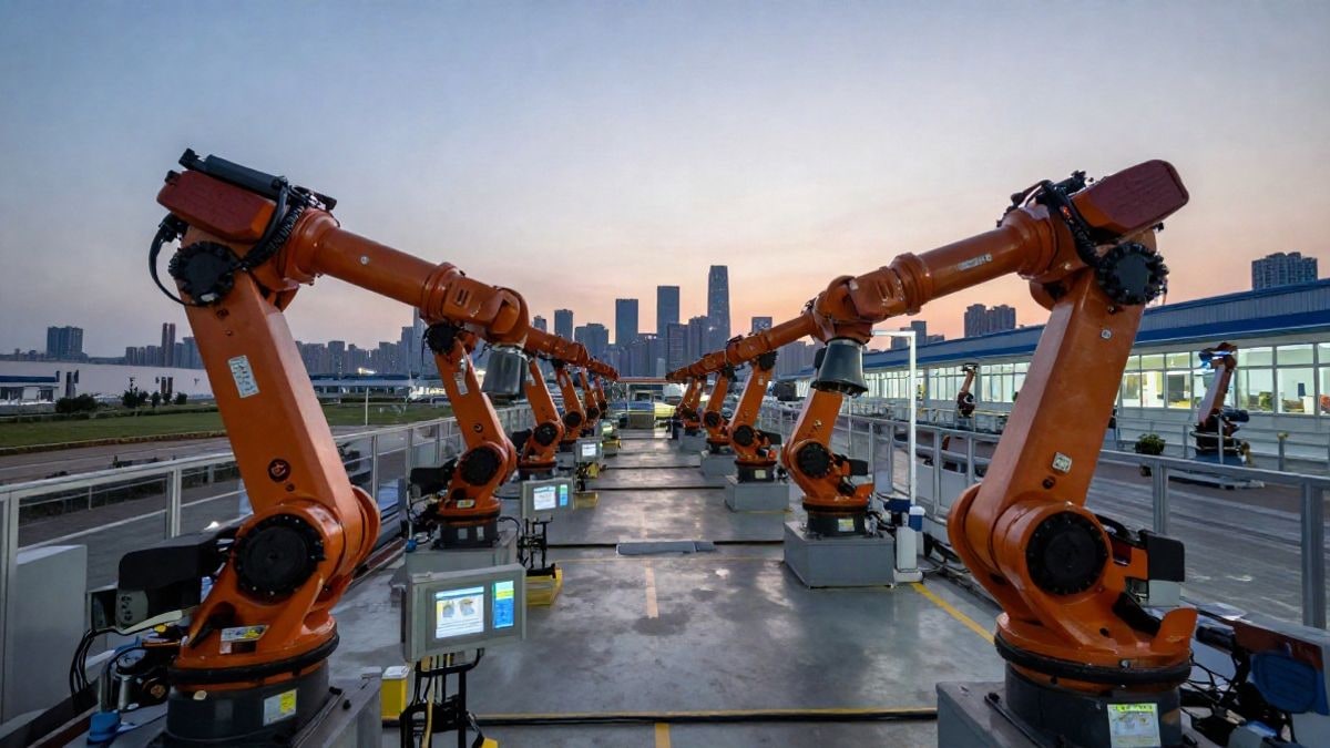 Imagen ilustrativa: vista de un paisaje industrial moderno al atardecer, con brazos robóticos y tecnología digital integrada, que sugiere innovación y desarrollo económico.